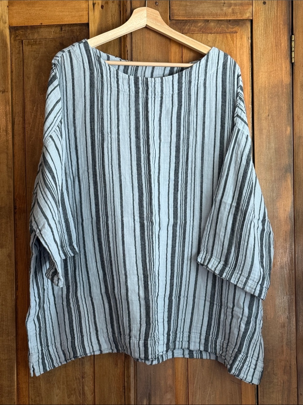bryn Walker XL Striped Scoop-Neck Tunic Light Blue Charcoal Oversized Lagenlook